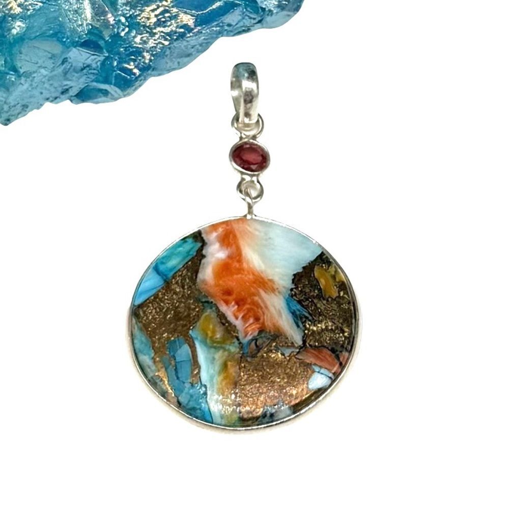 Spiny Oyster Kingman Turquoise Garnet Necklace Pendant Solid 925 Sterling Silver